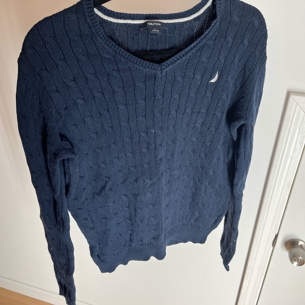 Nautica Blue V-Neck Sweater with Cable Knit